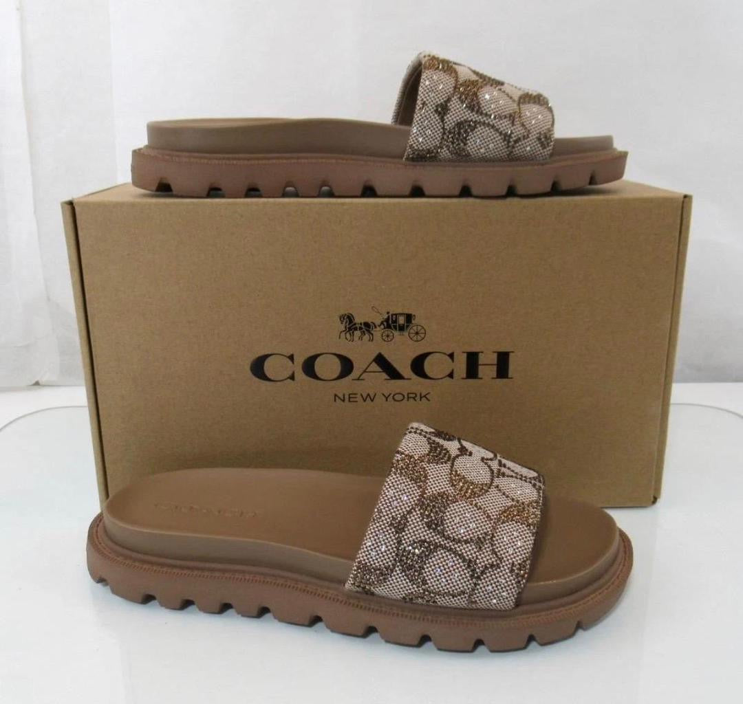 Coach Women's Brynn Slide Sandals in Crystal Signature Jacquard.