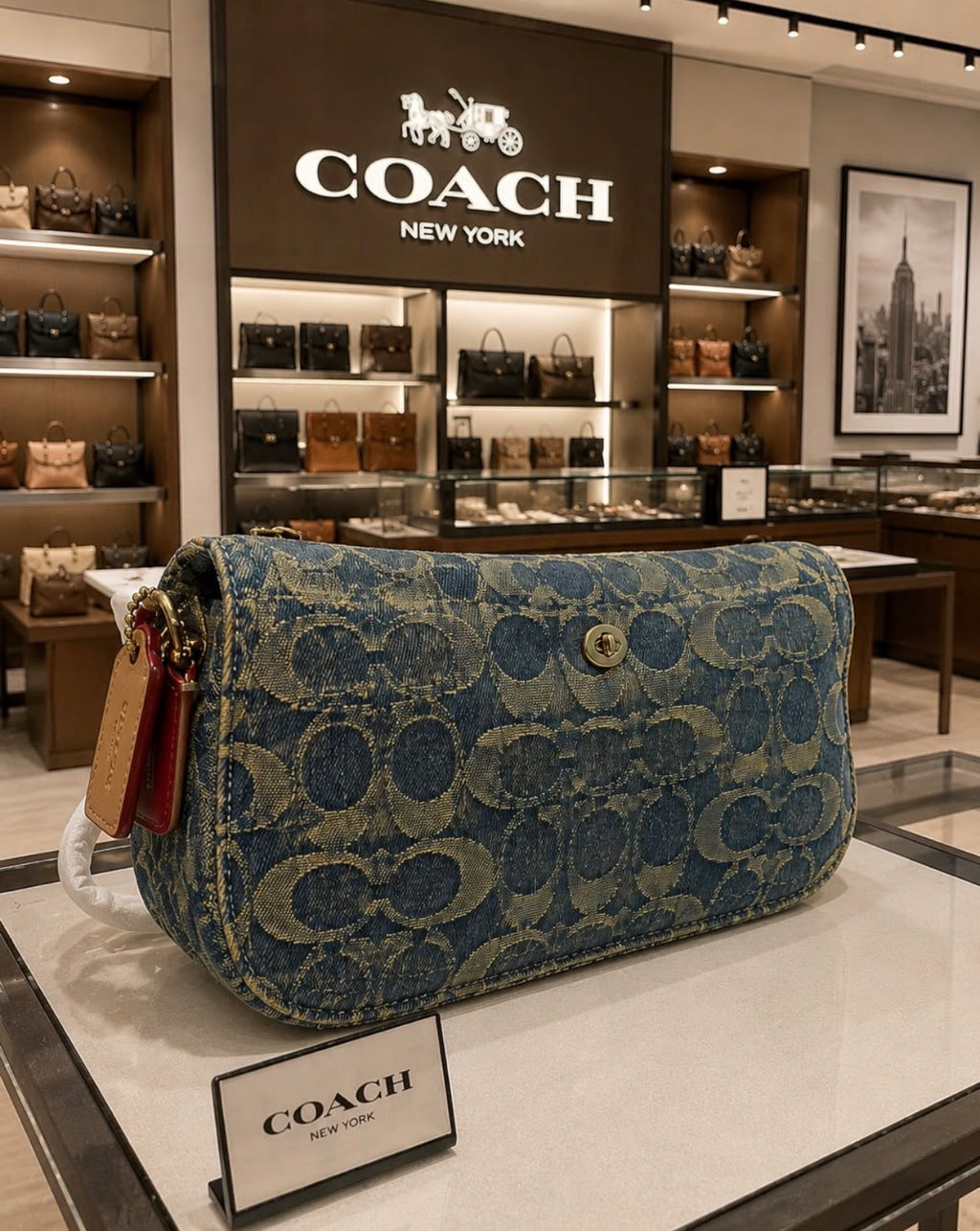 Coach Cargo Shoulder Bag in Signature Chambray denim with gold-toned turnlock pockets